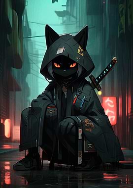Cyberpunk Cat Samurai in Rainy Alley