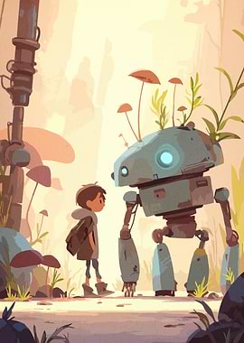 Boy and Robot in a Fantasy Landscape