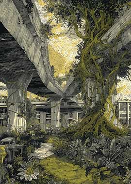 Overgrown Cityscape with Elevated Highway