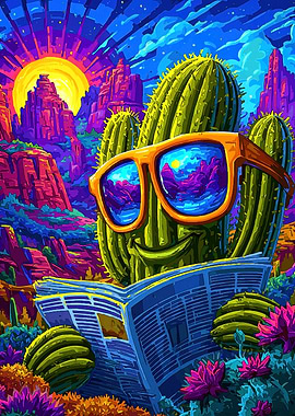 Cool Cactus Reading Newspaper