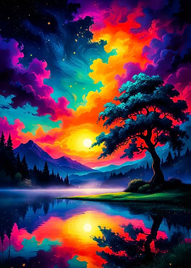 Colorful Lake Landscape with Tree Reflection