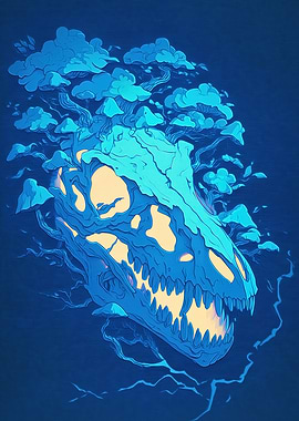 Blue Dinosaur Skull with Tree Crown