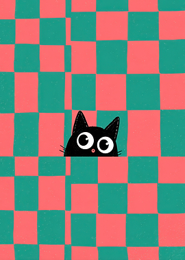 Peeking Black Cat on Checkered Background