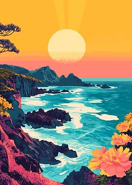 Beautiful Coastal Sunset Landscape Minimalist Art Illustration