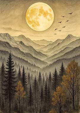 Full Moon Over Mountain Forest