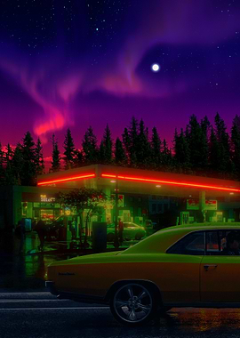 Night Gas Station with Classic Car
