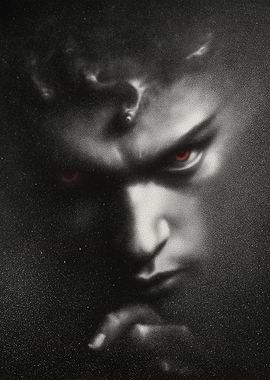 Monochrome Devil Portrait with Red Eyes