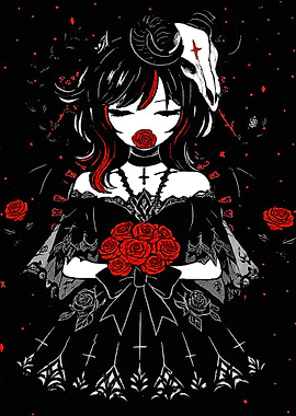 Gothic Girl with Roses and Skull