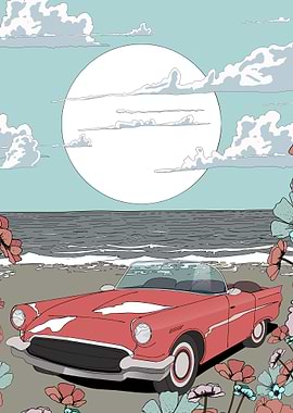 Red Convertible on Beach with Flowers