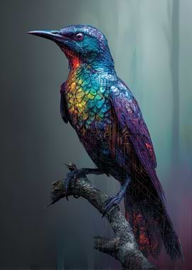 Cybernetic Bird Perched on Branch