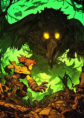 Forest Chase: Girl and Giant Raven