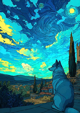 Dog gazing Van Gogh sky