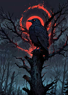 Gothic Raven Under Red Moon Magic