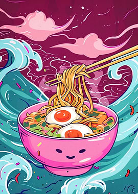 Cartoon Ramen Bowl with Ocean Waves