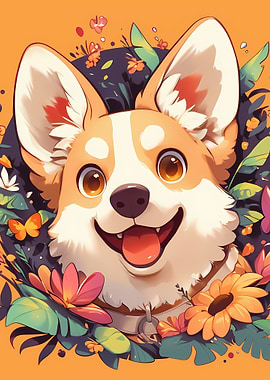 Happy Corgi with Floral Background