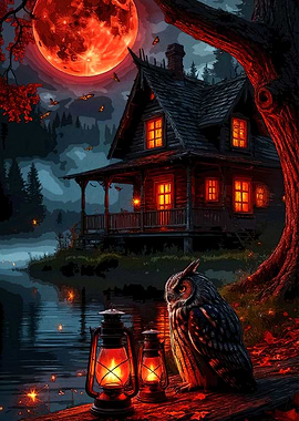 Spooky Cabin Owl Red Moon