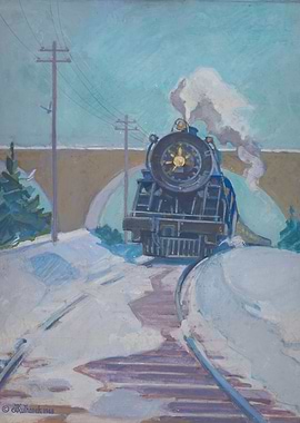 Vintage Train in Winter Landscape Painting