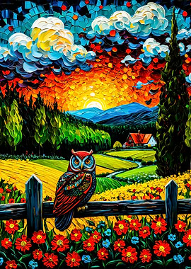 Owl on Fence at Sunset Painting