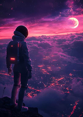 Astronaut overlooking a futuristic cityscape