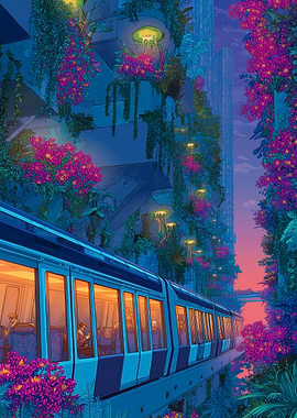 Futuristic Train Through Overgrown Cityscape