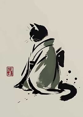 Cat in Kimono Ink Painting