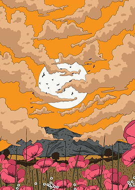 Poppy Field Under Cloudy Sky