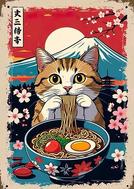 Cat eating ramen with Mount Fuji