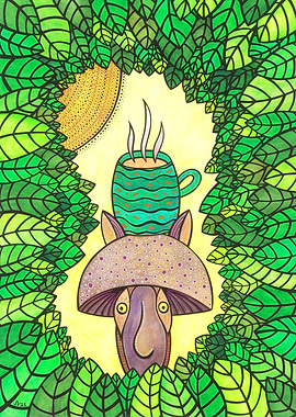 Safe Place - mushroom creature with coffee mug