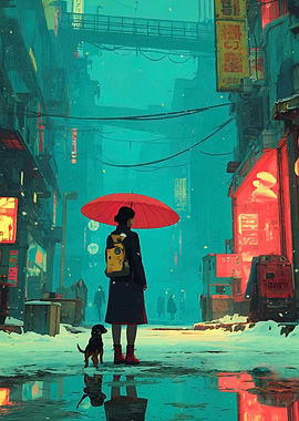 Rainy Cityscape with Woman and Dog