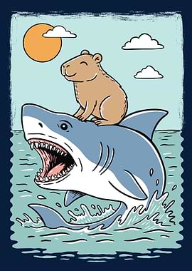 Capybara riding a shark illustration