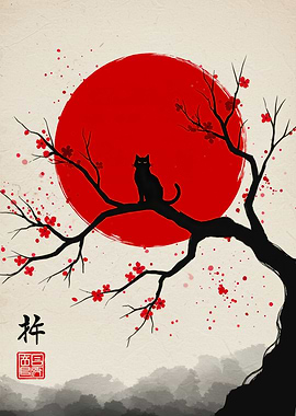 Black Cat on Cherry Blossom Branch