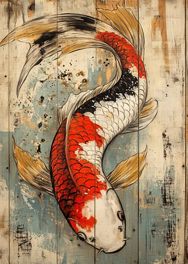 Koi Fish Art on Wood Panel | Wooden Japanese Decor