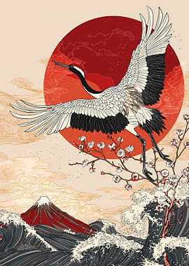 Japanese Crane with Mount Fuji Art