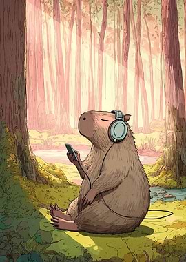 Capybara Listening to Music in Forest