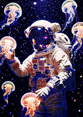 Astronaut with Glowing Jellyfish - Deep Space