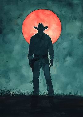 Silhouette Cowboy Under Red Moon
