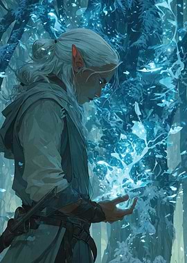 Elf with magical light in forest