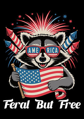 Feral But Free Patriotic Raccoon with American Flag