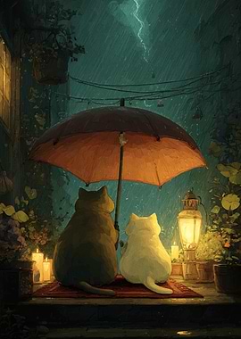 Cats under umbrella in the rain