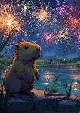 Capybara watching fireworks illustration