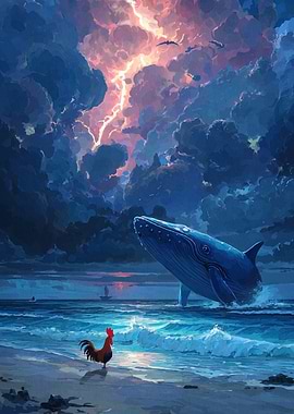 Whale, Rooster, and Stormy Seascape