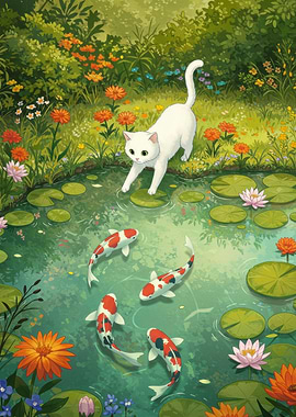 White Cat and Koi Pond Illustration