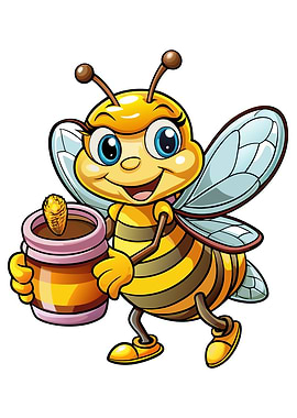 Cartoon Bee with Honey Pot
