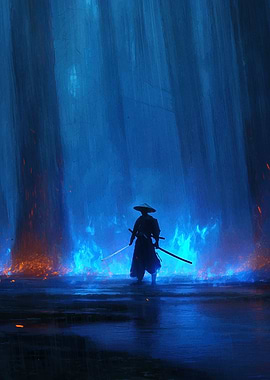 Samurai in Blue Fire