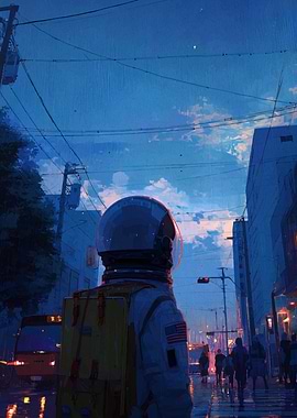 Astronaut in Cityscape at Dusk