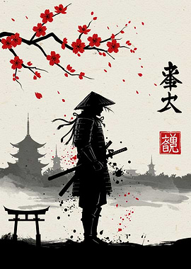 Samurai Silhouette with Cherry Blossoms
