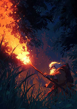 Wizard with Torch in Dark Forest