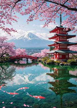 Japanese Pagoda, Cherry Blossoms, and Koi