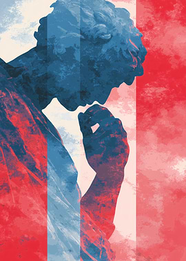 Pensive Statue with Red and Blue Overlay