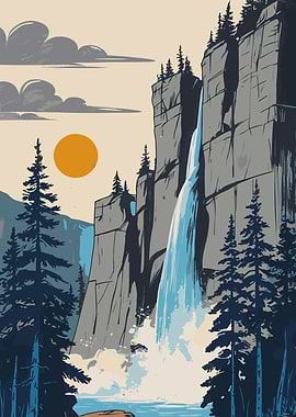 Waterfall Landscape Illustration